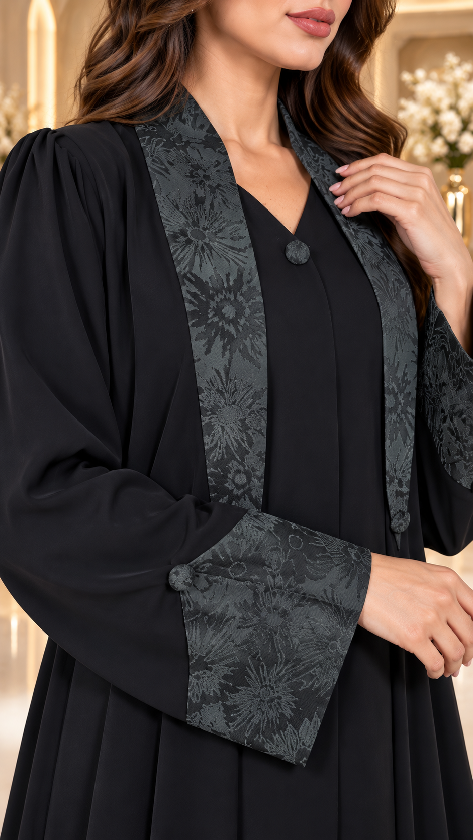 Midnight Jacquard Collar Abaya - NF1001 - Image 3