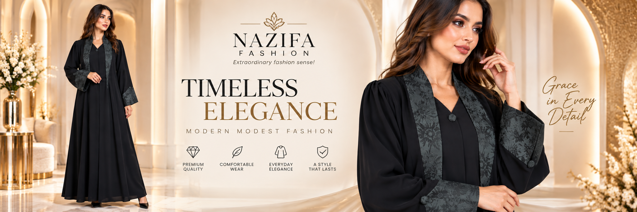 Midnight Jacquard Collar Abaya - NF1001 - Image 4